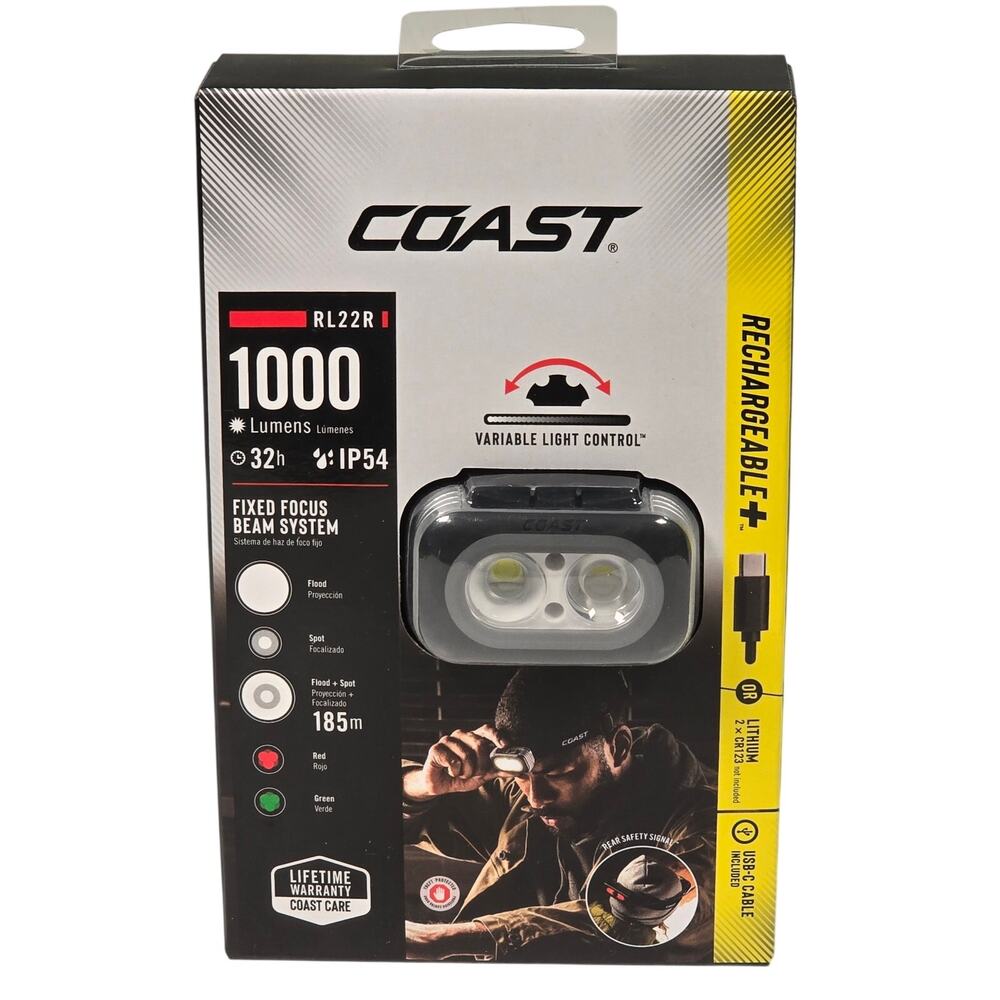 Coast 1000 Lumens Rechargeable Battery LED Power Headlamp RL22R, New